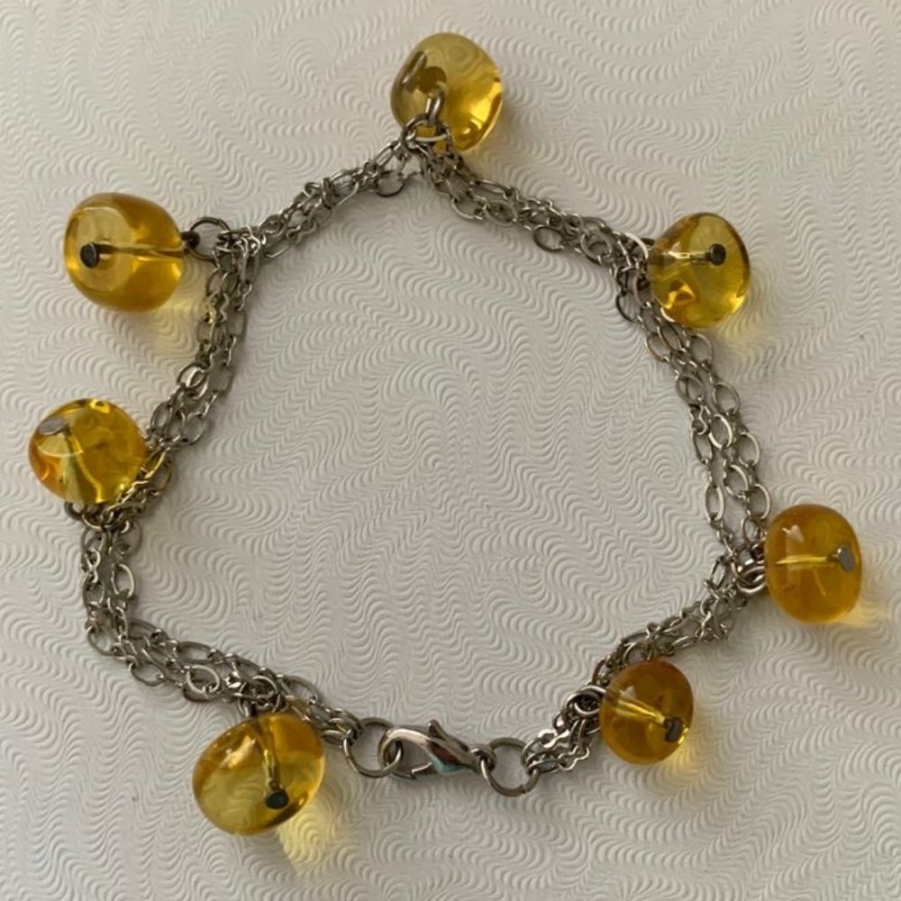 Yellow Ornament Beaded Multi Silver Chain Bracelet